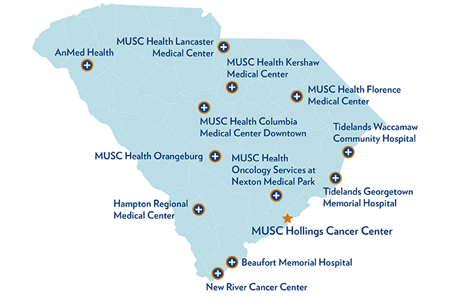 map of South Carolina showing locations across the state where Hollings and MUSC Health provide cancer care